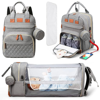 Inara & Co.™ Luxe 3-in-1 Diaper Bag – Foldable Crib, USB, & Travel Backpack