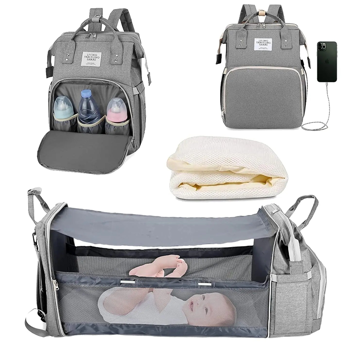Inara & Co.™ Luxe 3-in-1 Diaper Bag – Foldable Crib, USB, & Travel Backpack