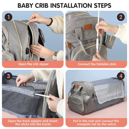 Inara & Co.™ Luxe 3-in-1 Diaper Bag – Foldable Crib, USB, & Travel Backpack