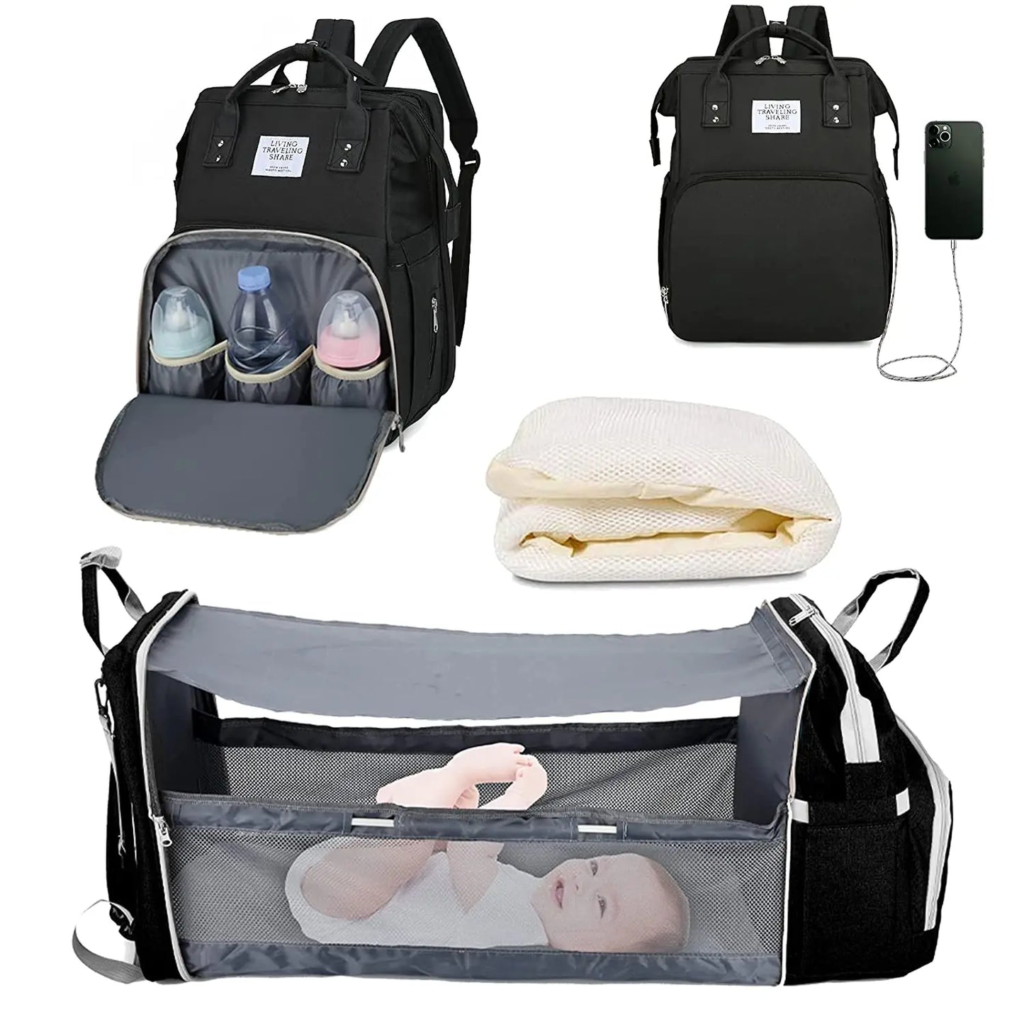 Inara & Co.™ Luxe 3-in-1 Diaper Bag – Foldable Crib, USB, & Travel Backpack
