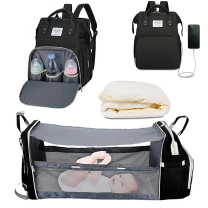 Inara & Co.™ Luxe 3-in-1 Diaper Bag – Foldable Crib, USB, & Travel Backpack