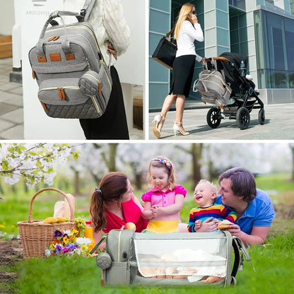 Inara & Co.™ Luxe 3-in-1 Diaper Bag – Foldable Crib, USB, & Travel Backpack