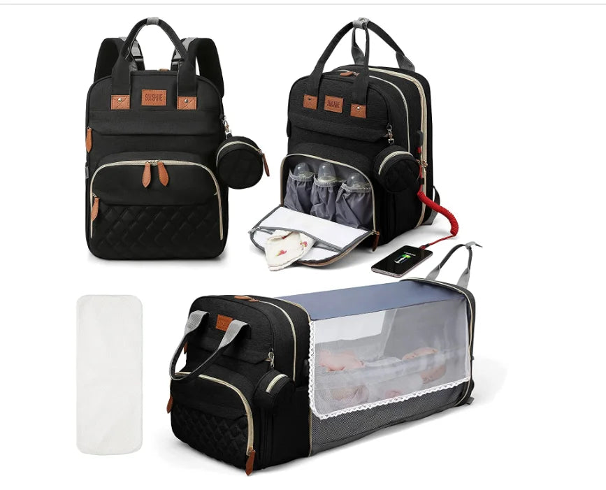 Inara & Co.™ Luxe 3-in-1 Diaper Bag – Foldable Crib, USB, & Travel Backpack