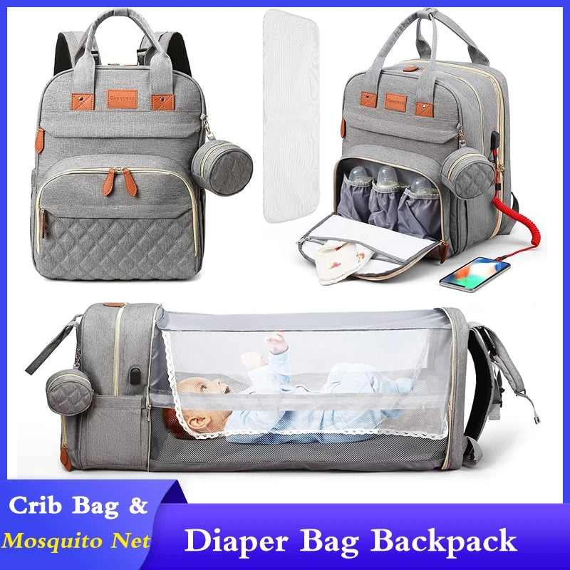 Inara & Co.™ Luxe 3-in-1 Diaper Bag – Foldable Crib, USB, & Travel Backpack