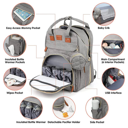 Inara & Co.™ Luxe 3-in-1 Diaper Bag – Foldable Crib, USB, & Travel Backpack